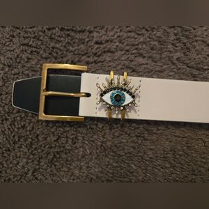 Kurt Geiger White Belt with Gold Evil Eye Buckle